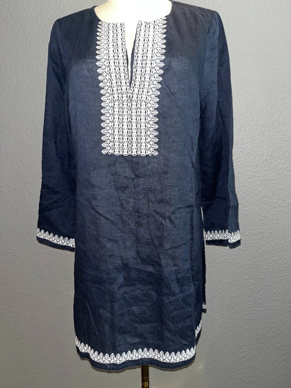 Tory Burch Embroidered Linen Tunic Shirt Navy White Boho Swim Cover-up Dress - L